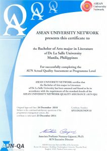 2010 AUN Certificate for BA in Literature