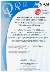 2013 AUN Certificate for BS Statistics Major in Actuarial Science