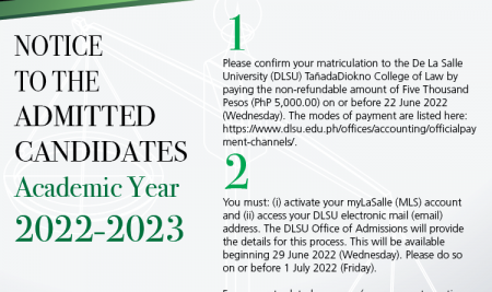 Notice to the 2022 Admitted Candidates of De La Salle University Tañada-Diokno College of Law