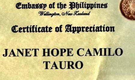 Pagbati kay Dr. Janet Hope Camilo Tauro sa pagkilala ng Embahada ng Pilipinas, Wellington, New Zealand