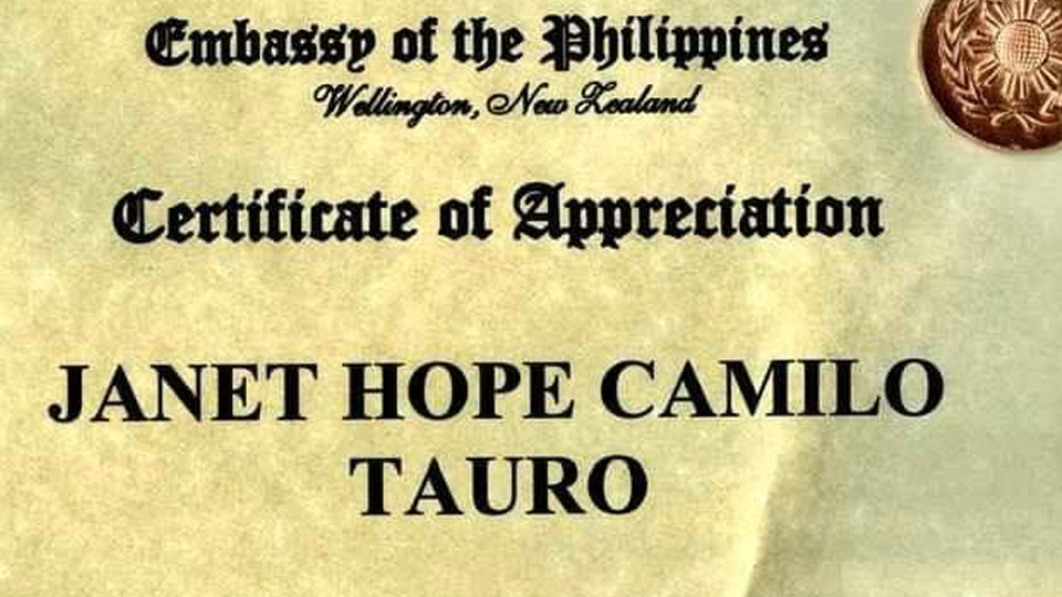 Pagbati kay Dr. Janet Hope Camilo Tauro sa pagkilala ng Embahada ng Pilipinas, Wellington, New Zealand
